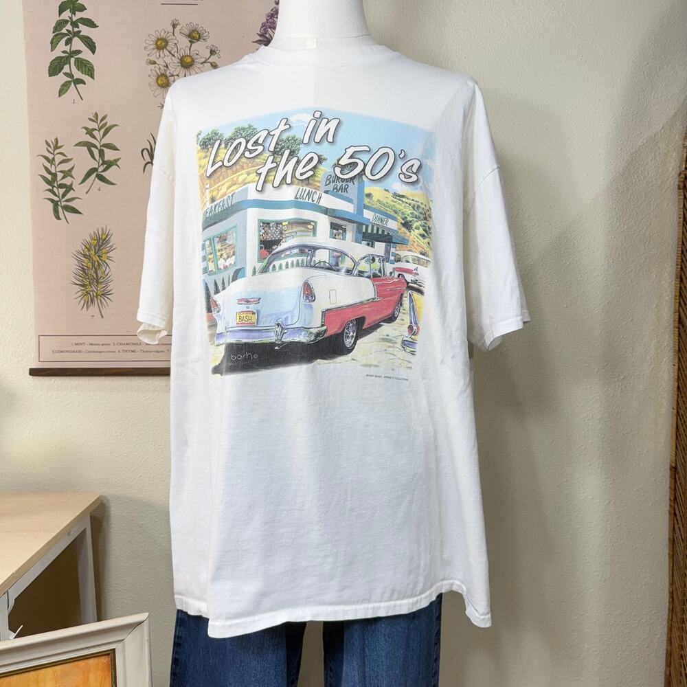 Vintage 90s Lost in 50s Bash Burger Bar Classic Car Graphic T-Shirt Retro XXL
